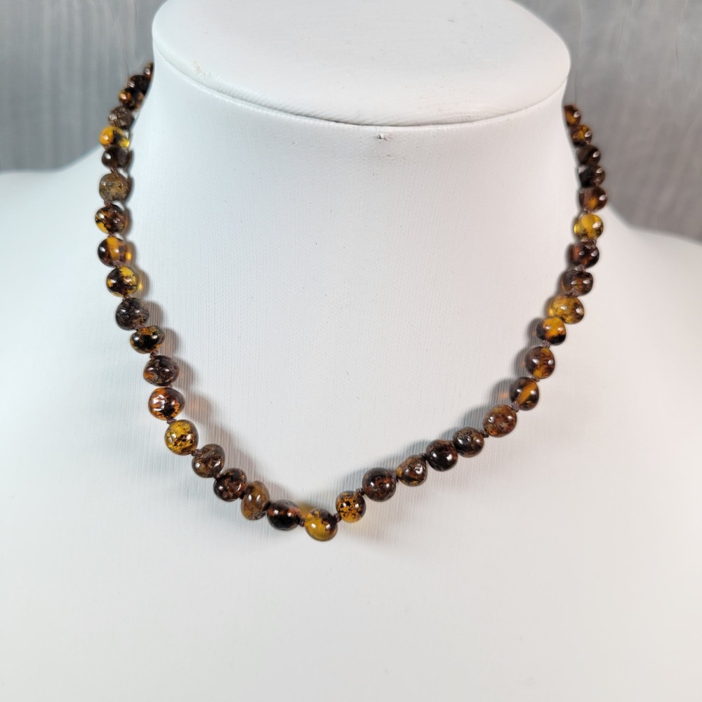 Amber Beaded Childs Necklace Brown Honey Glows Under UV Light 12 Inch Clasp